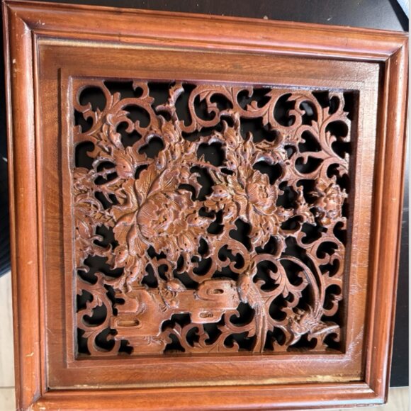 Vintage handmade, original wood carved art with flowers and birds - Picture 1 of 5